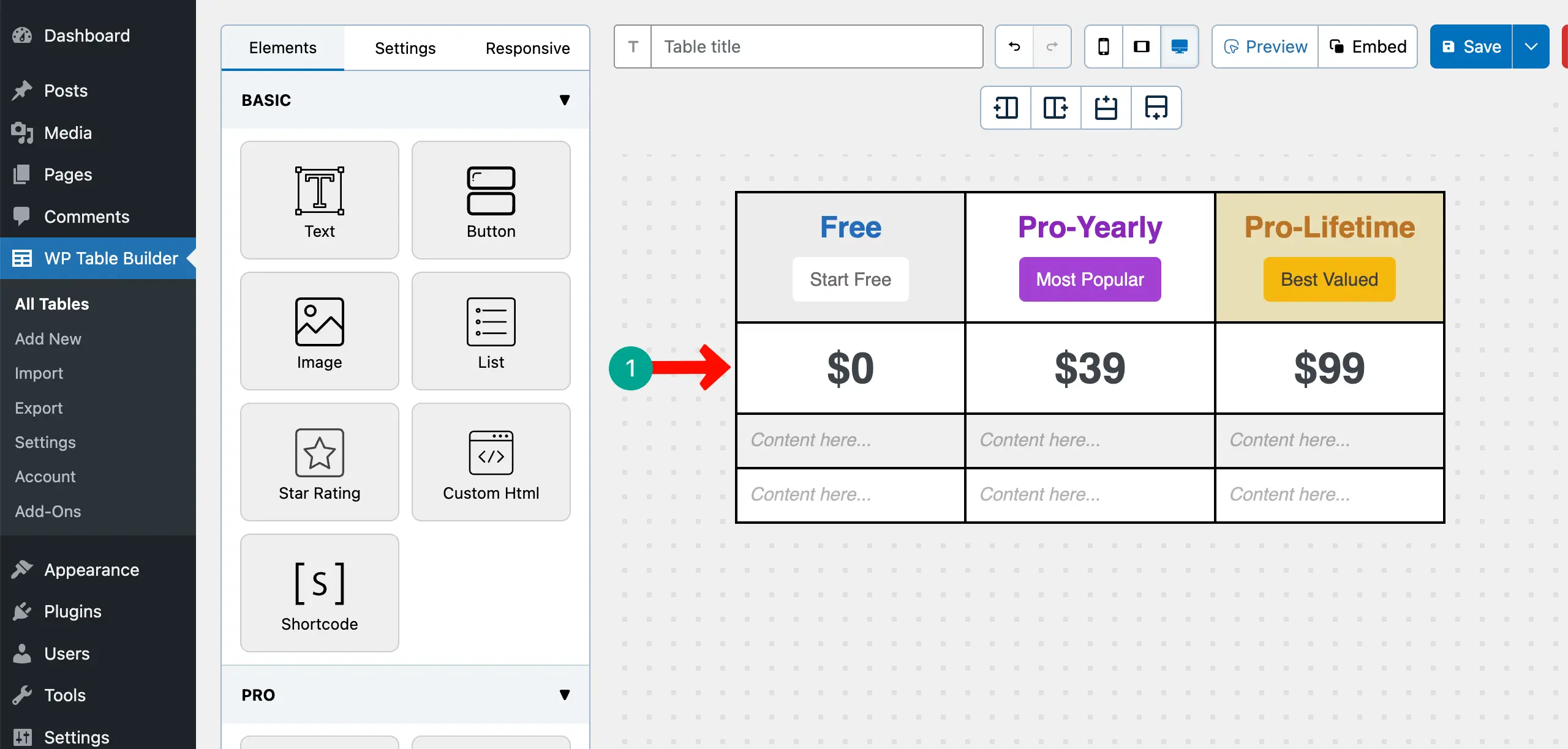 Add pricings to the table