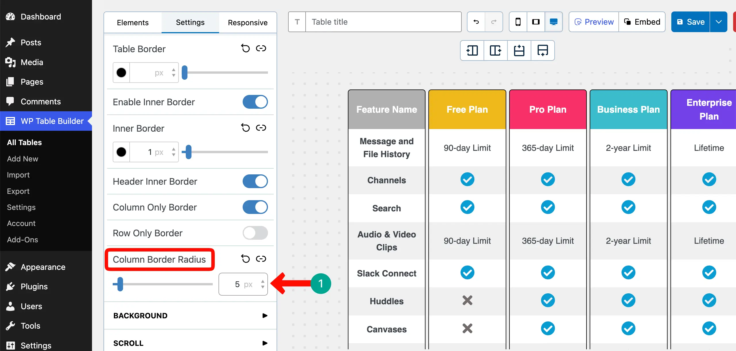 Add radius to the column corners