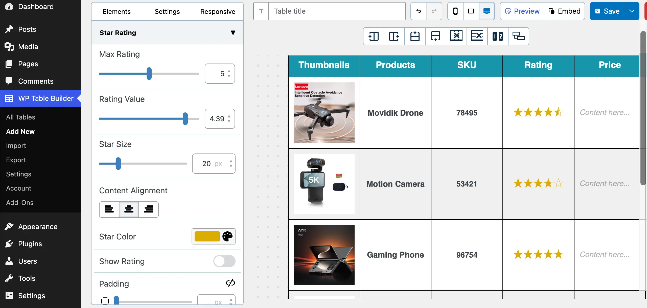 Add star ratings to the more rows