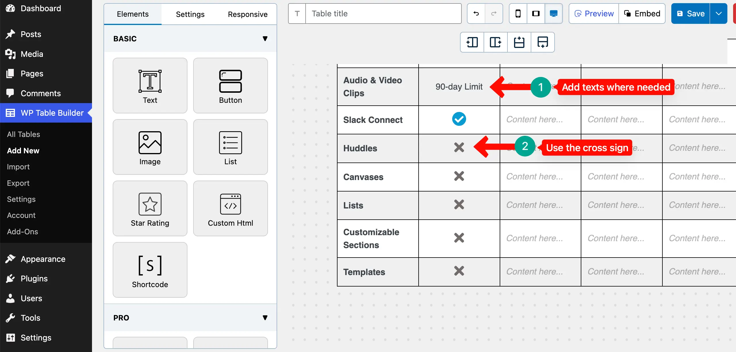 Add text and cross signs where needed