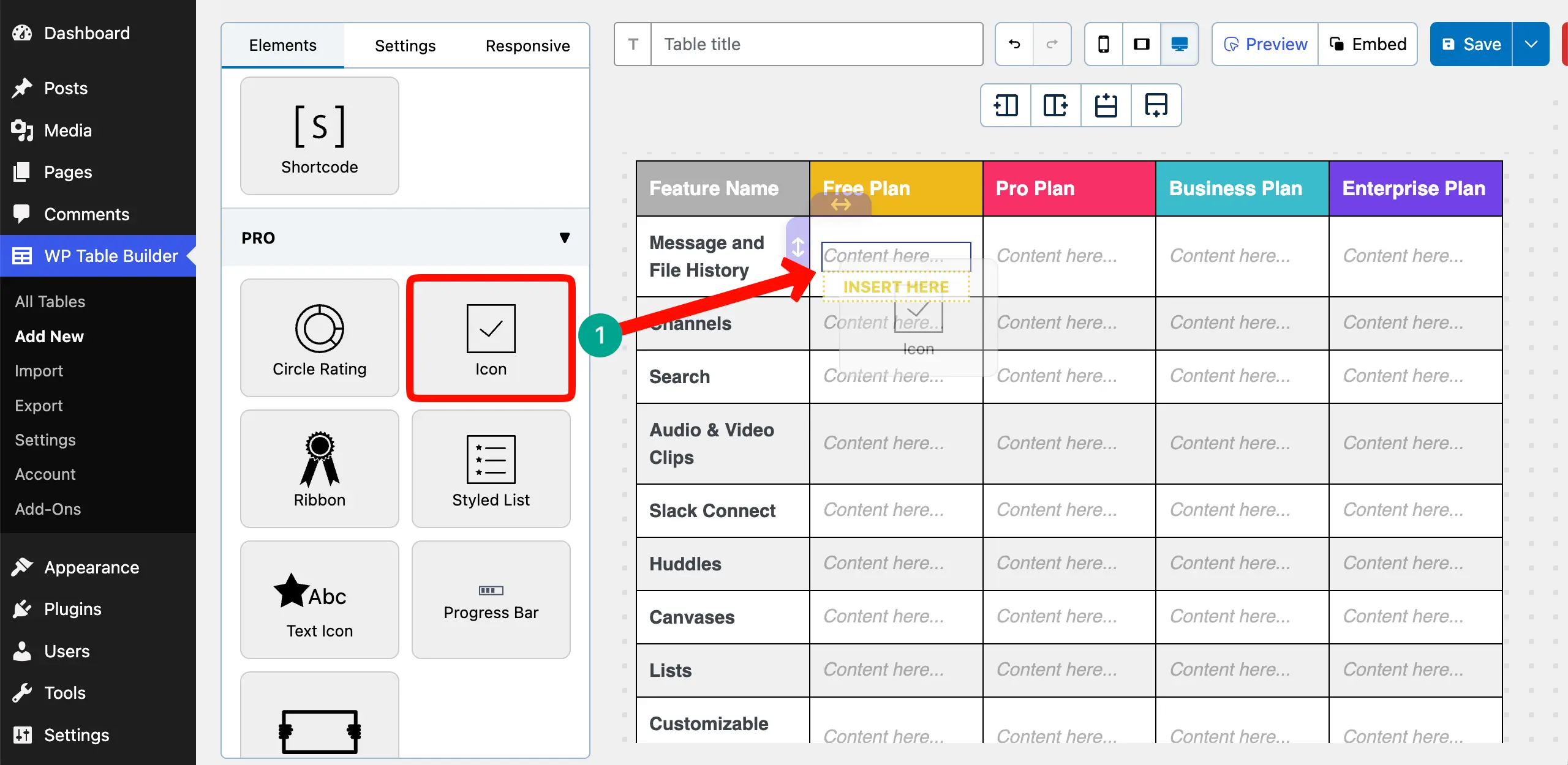 Add the Icon widget to the table