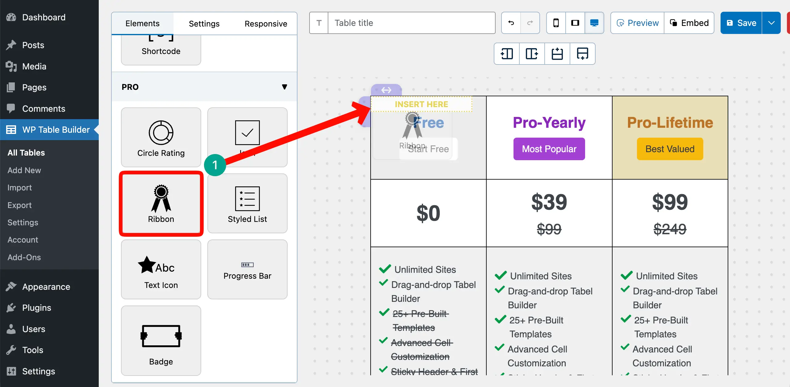 Add the Ribbon element to the table