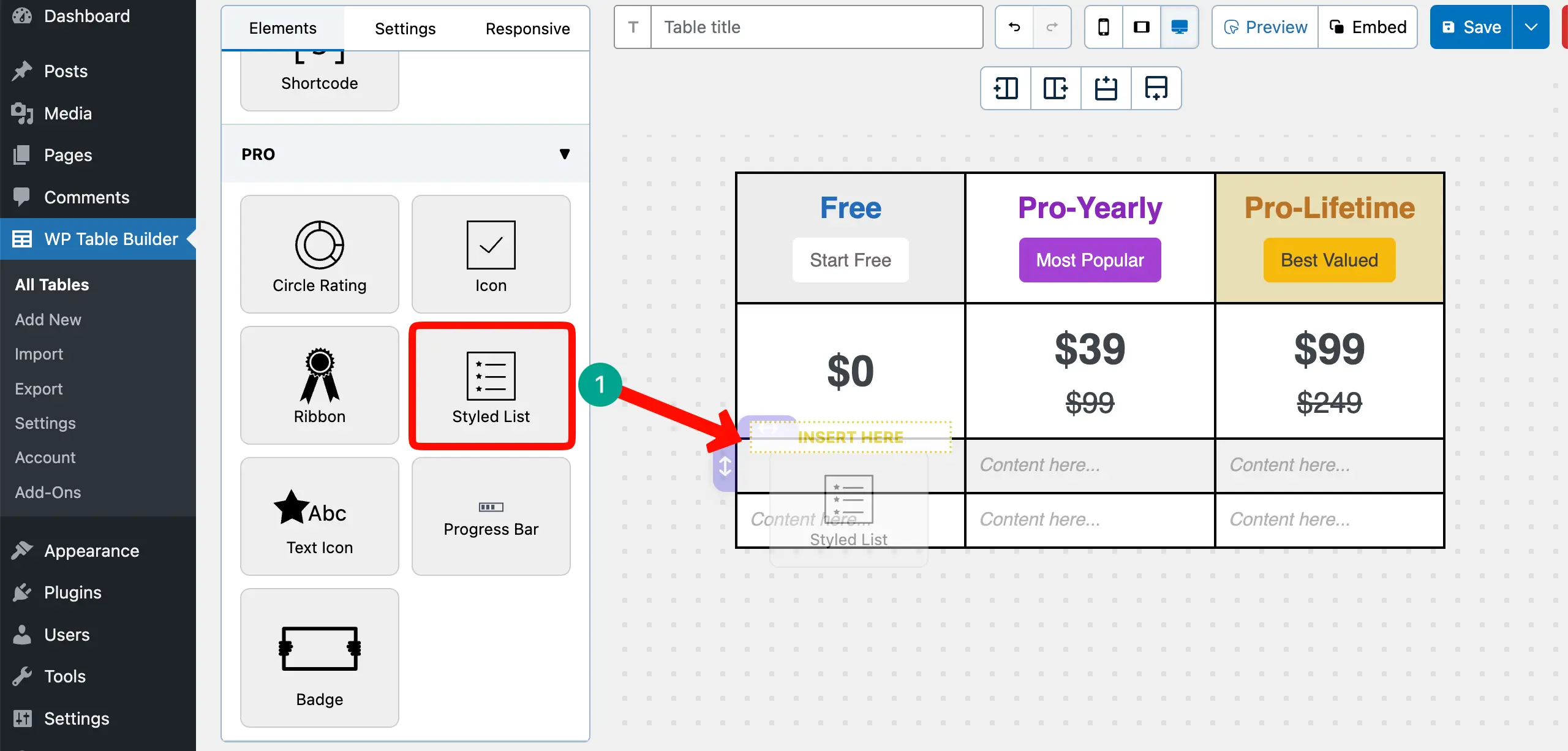 Add the Styled List element to the table
