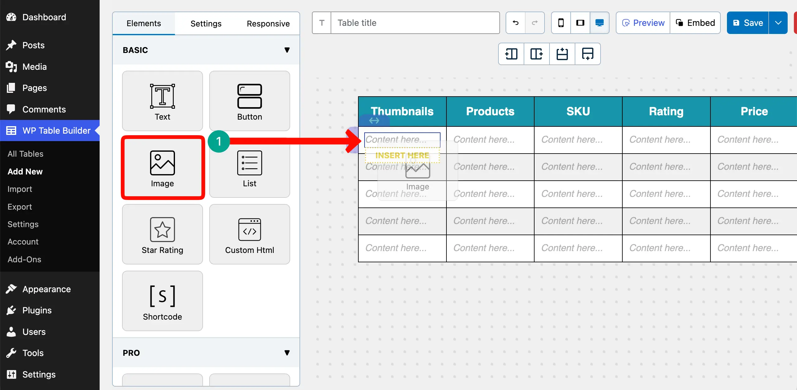 Add the image element to the table for adding product images to the table