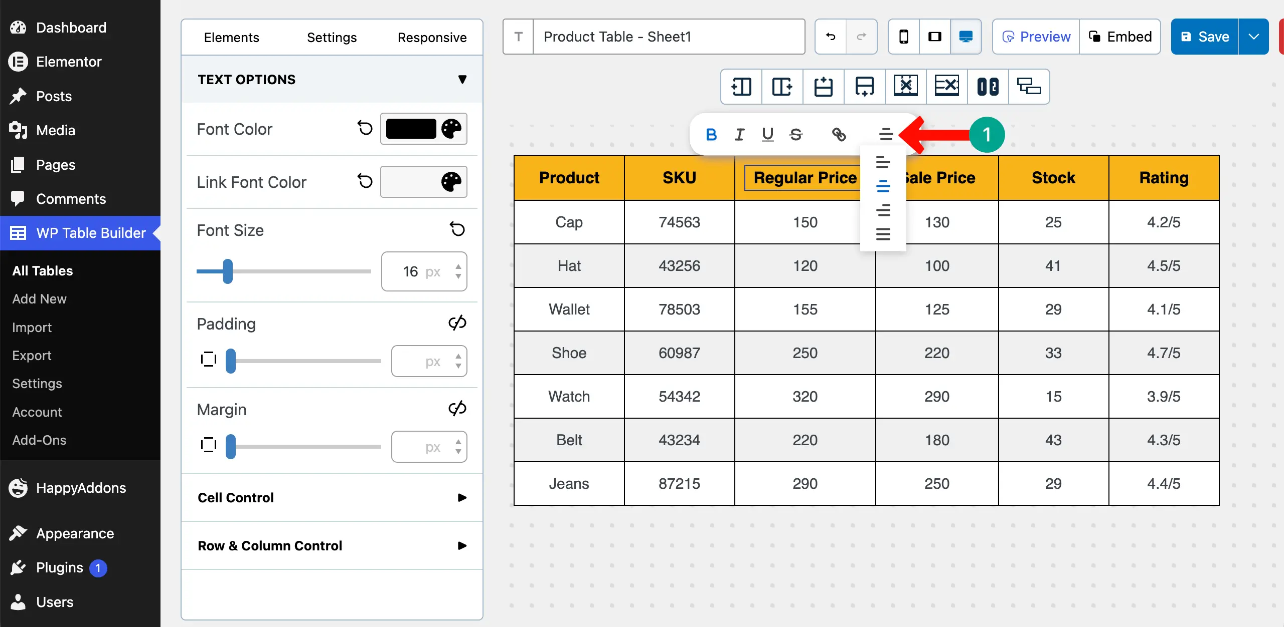 Align texts on the table