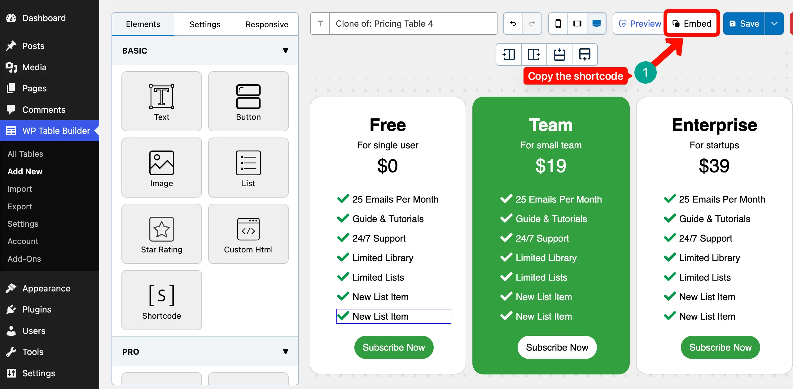 Copy the Table Shortcode