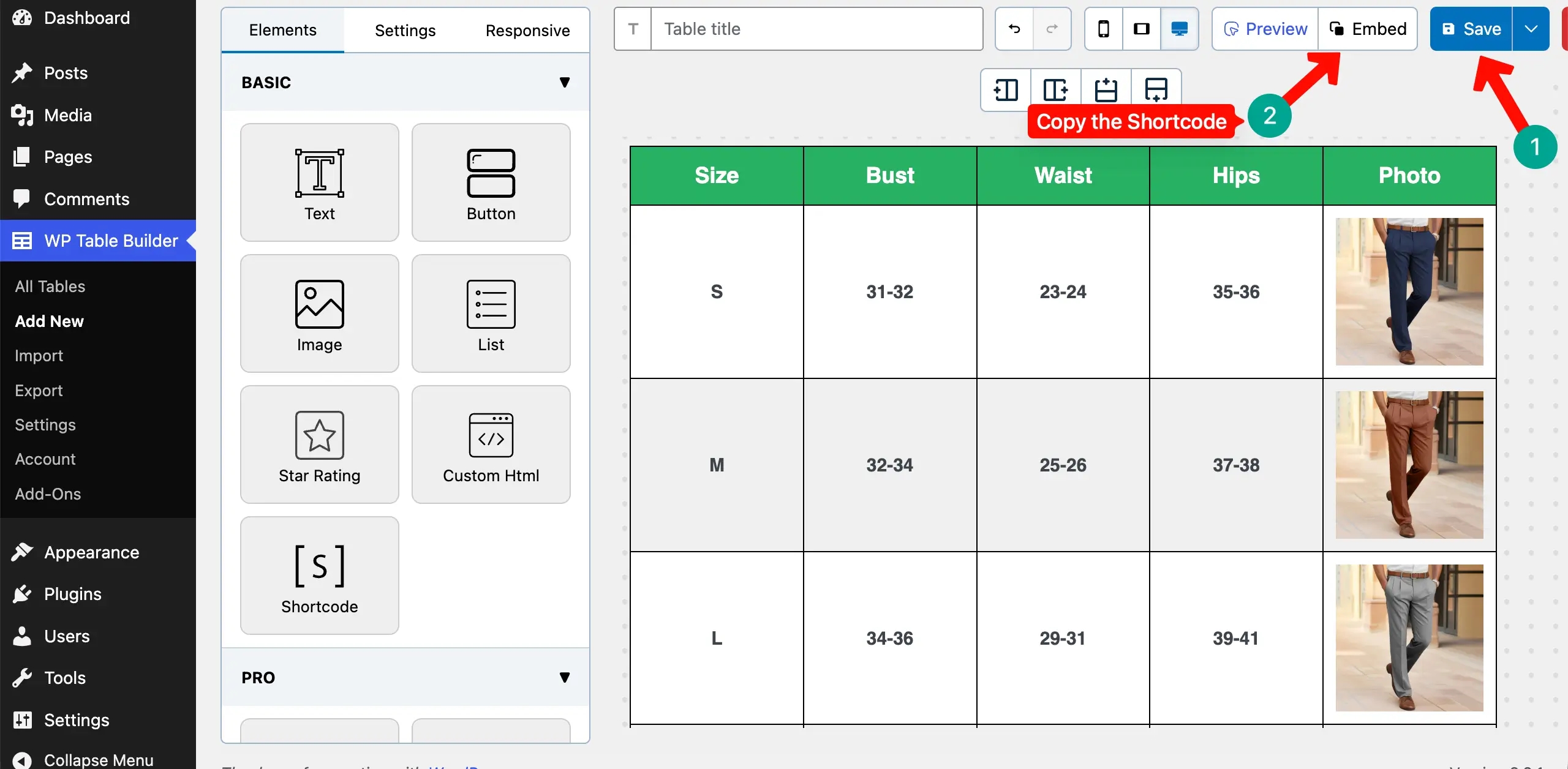 Copy the shortcode of the size table