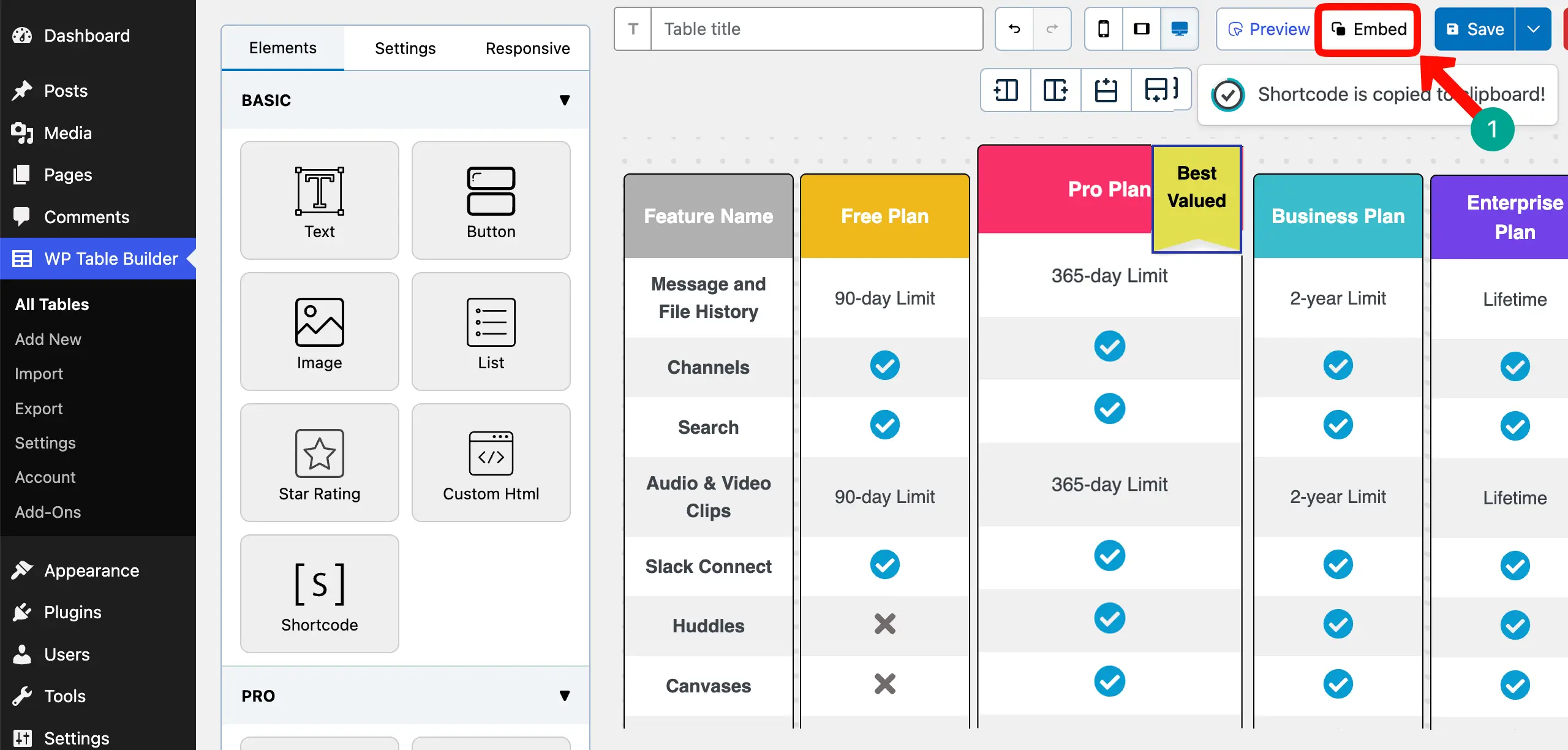 Copy the shortcode of the feature comparison table