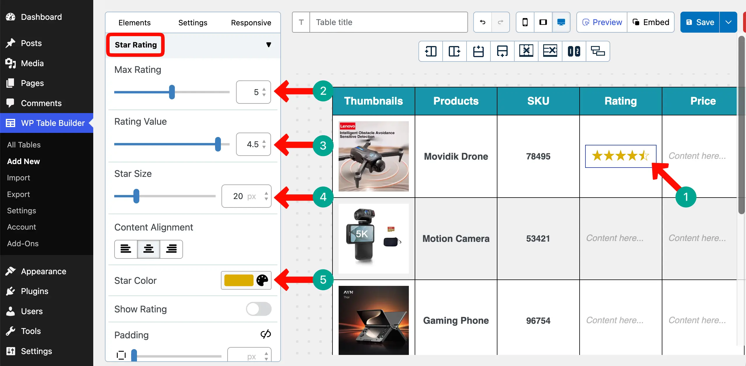 Customize the rating element on the WooCommerce product table
