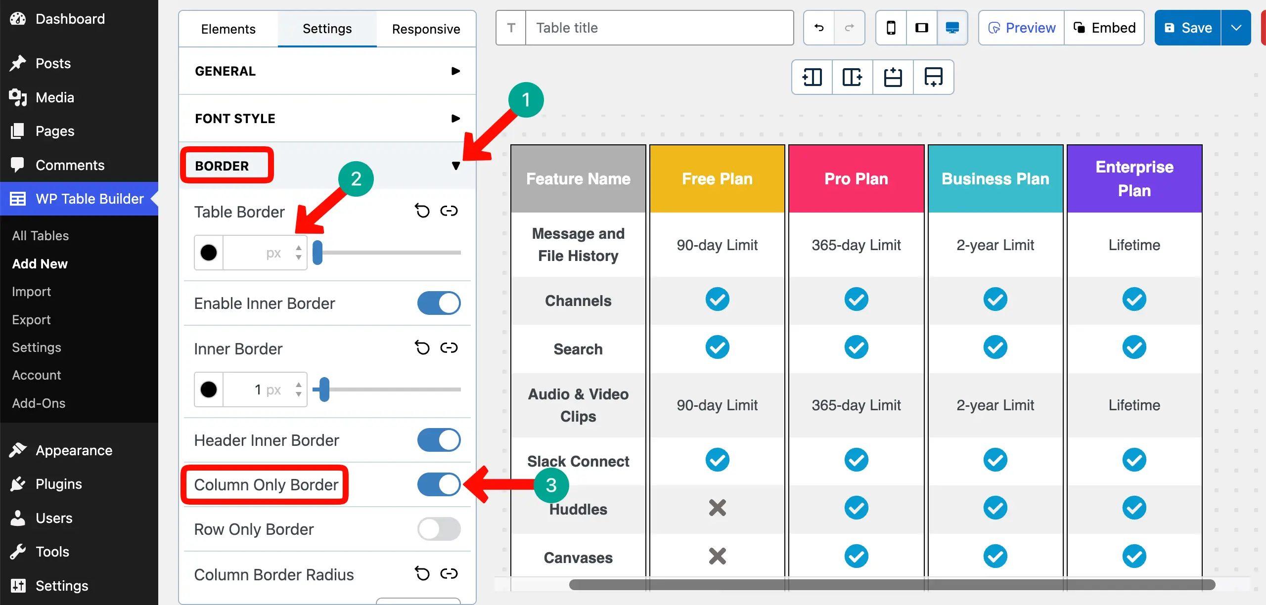 Enable the column only border