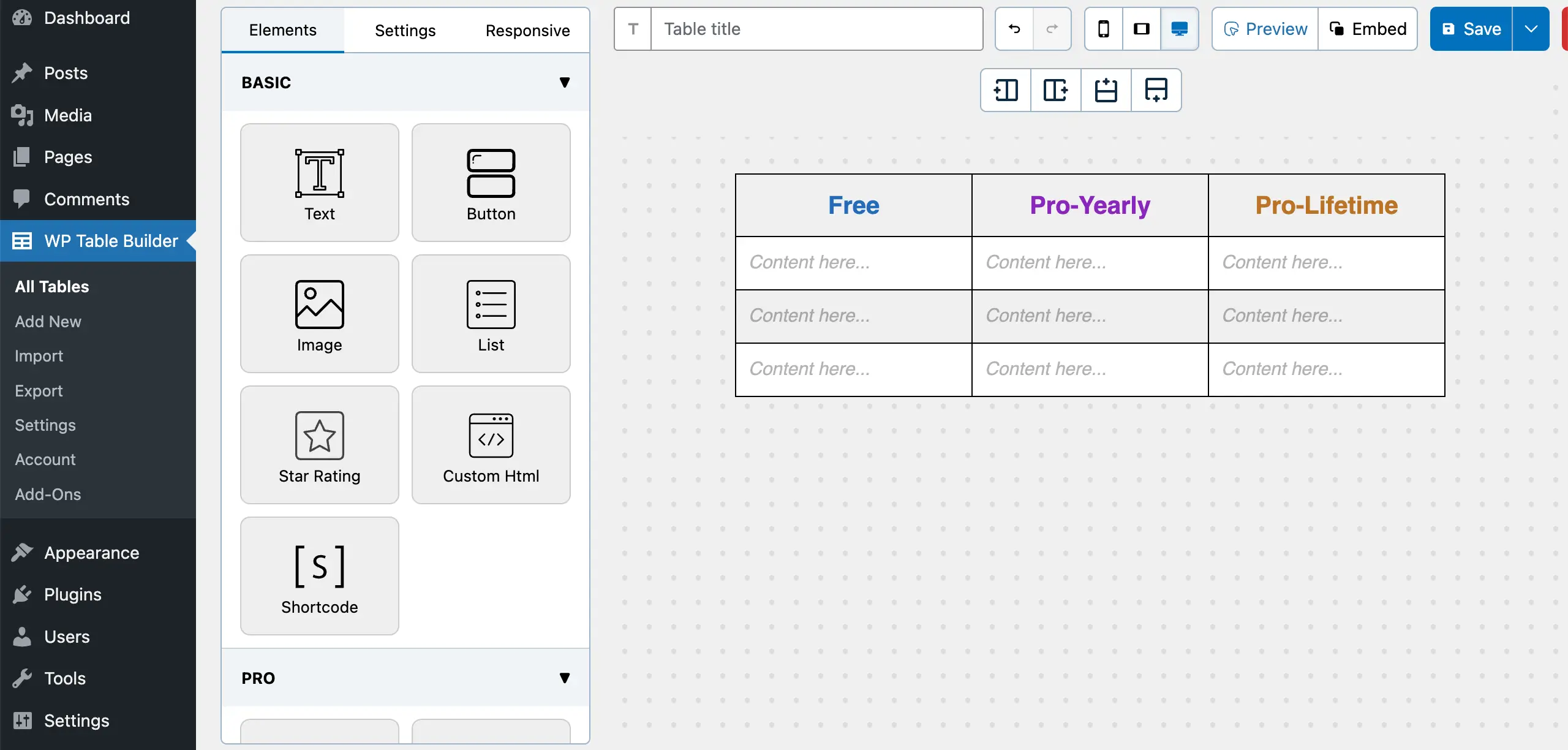 Give names to all the columns of the pricing table