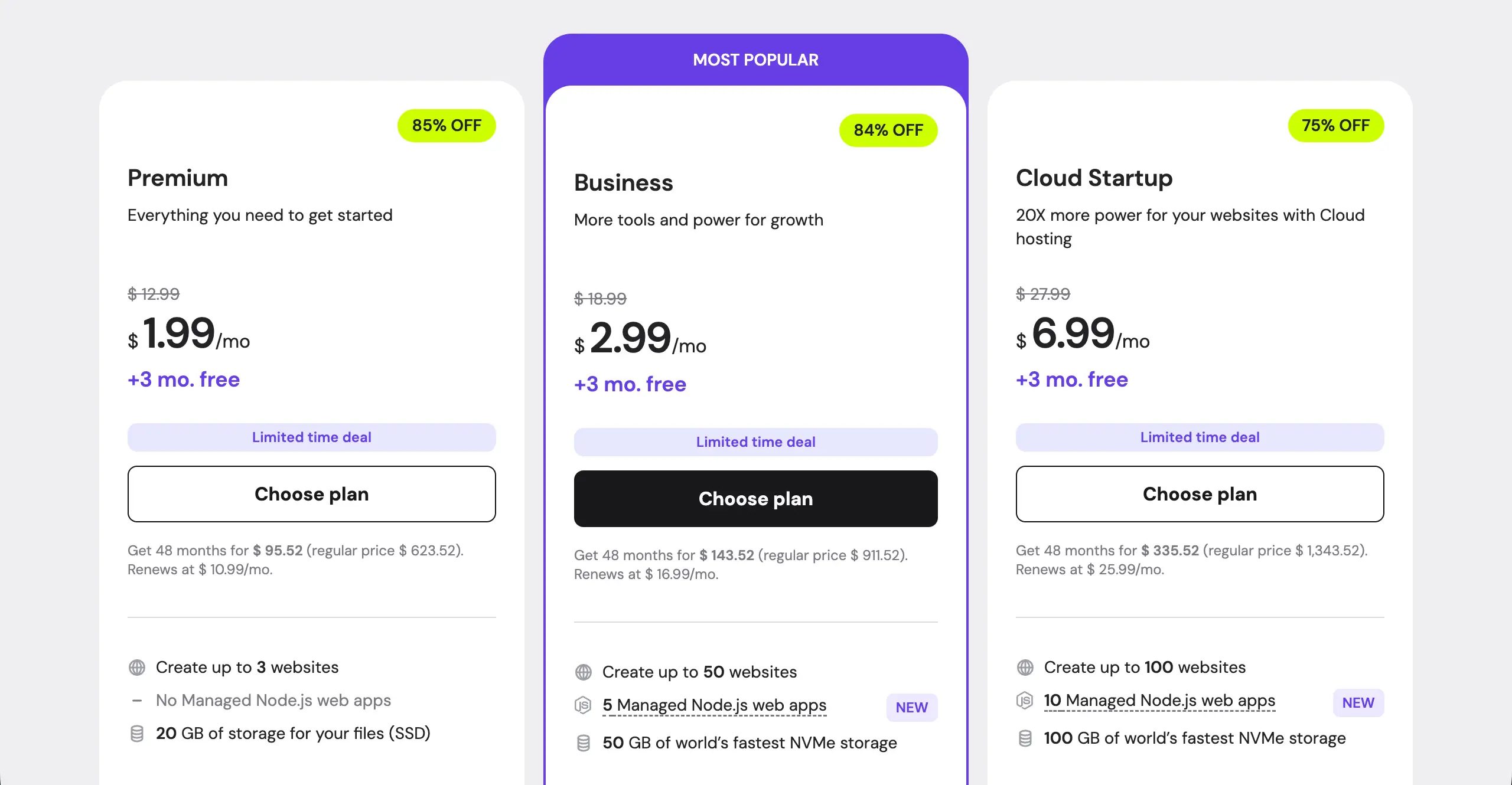 Hosting pricing table real example