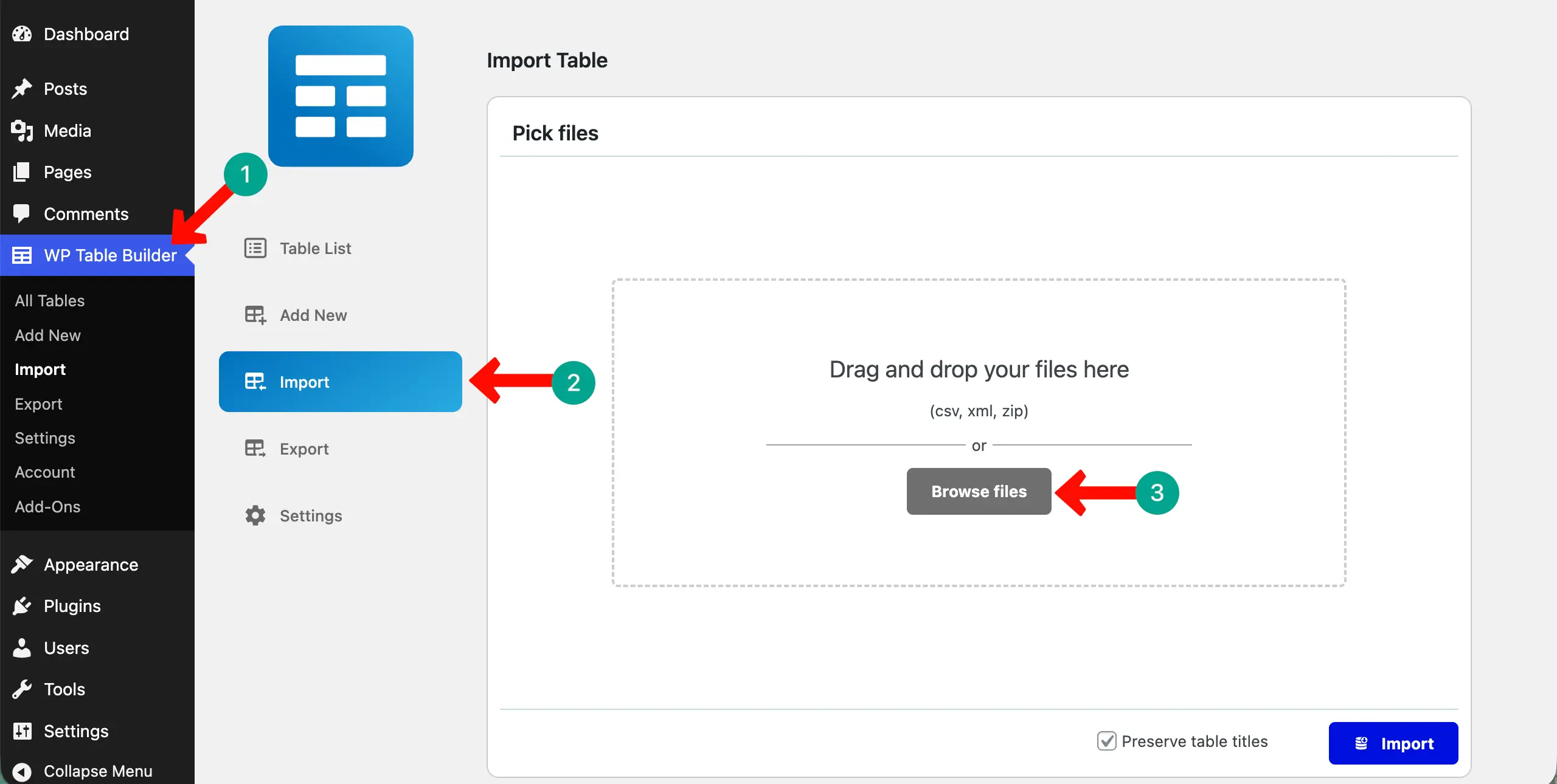 Import option of WP Table Builder