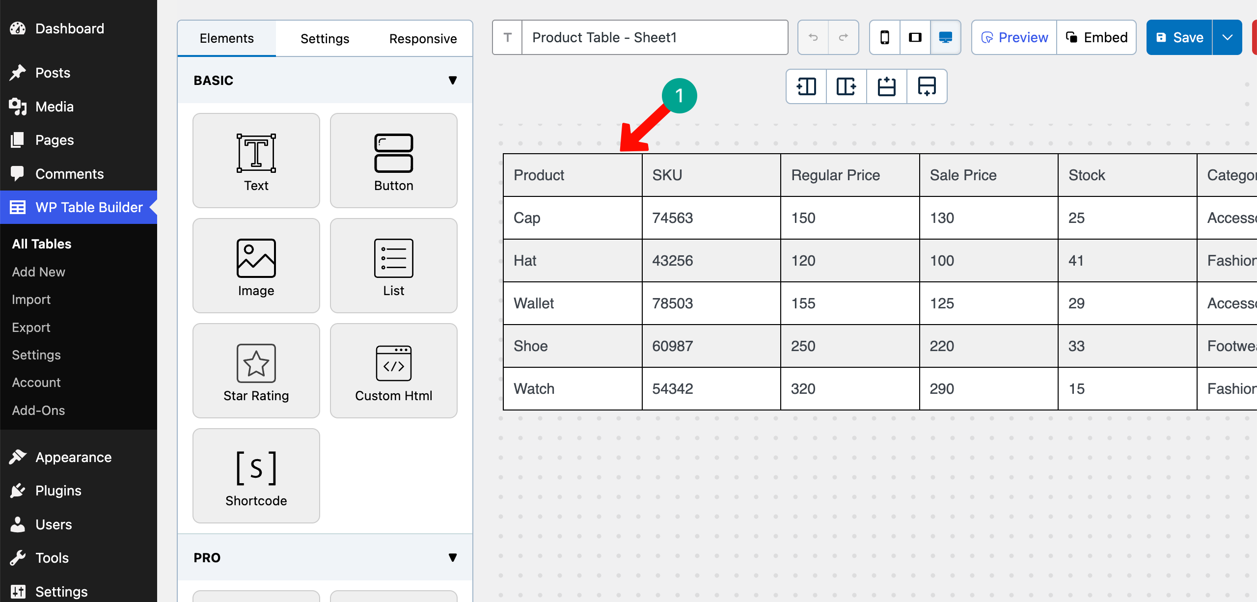 Imported table is previewed