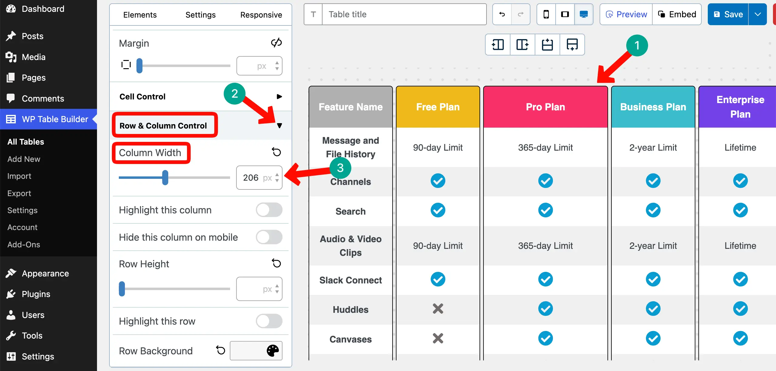 Increase the width of the highlighted column