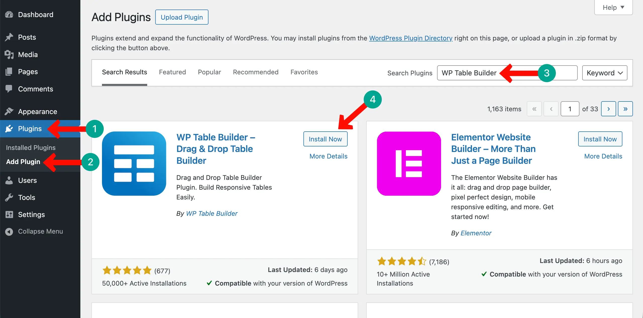 Install and activate WP Table Builder