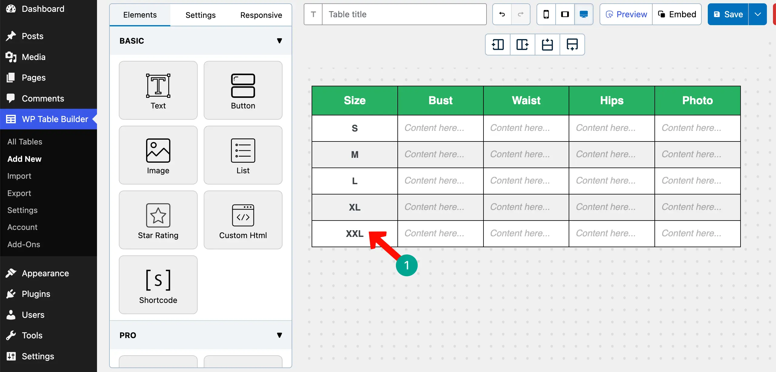 Label the rows of the size and measurement table