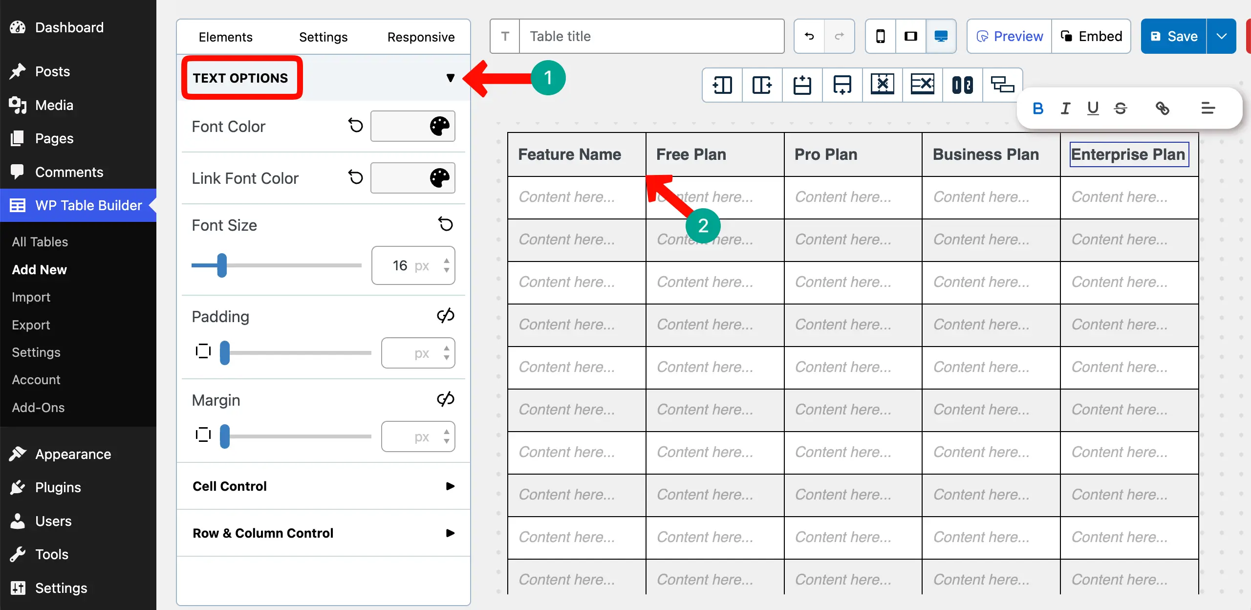 Name columns for the feature comparison table