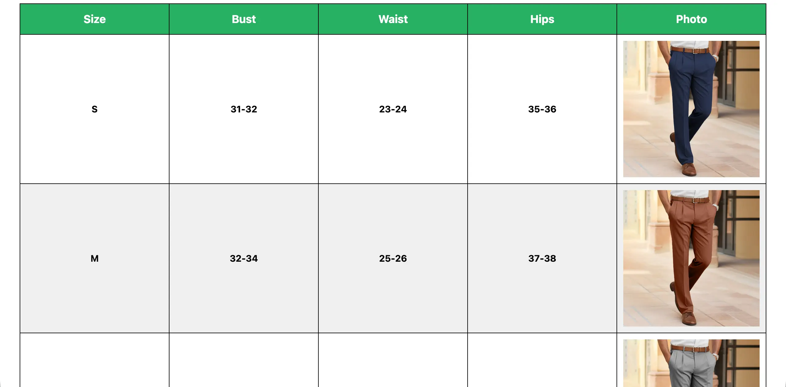 Preview the size table