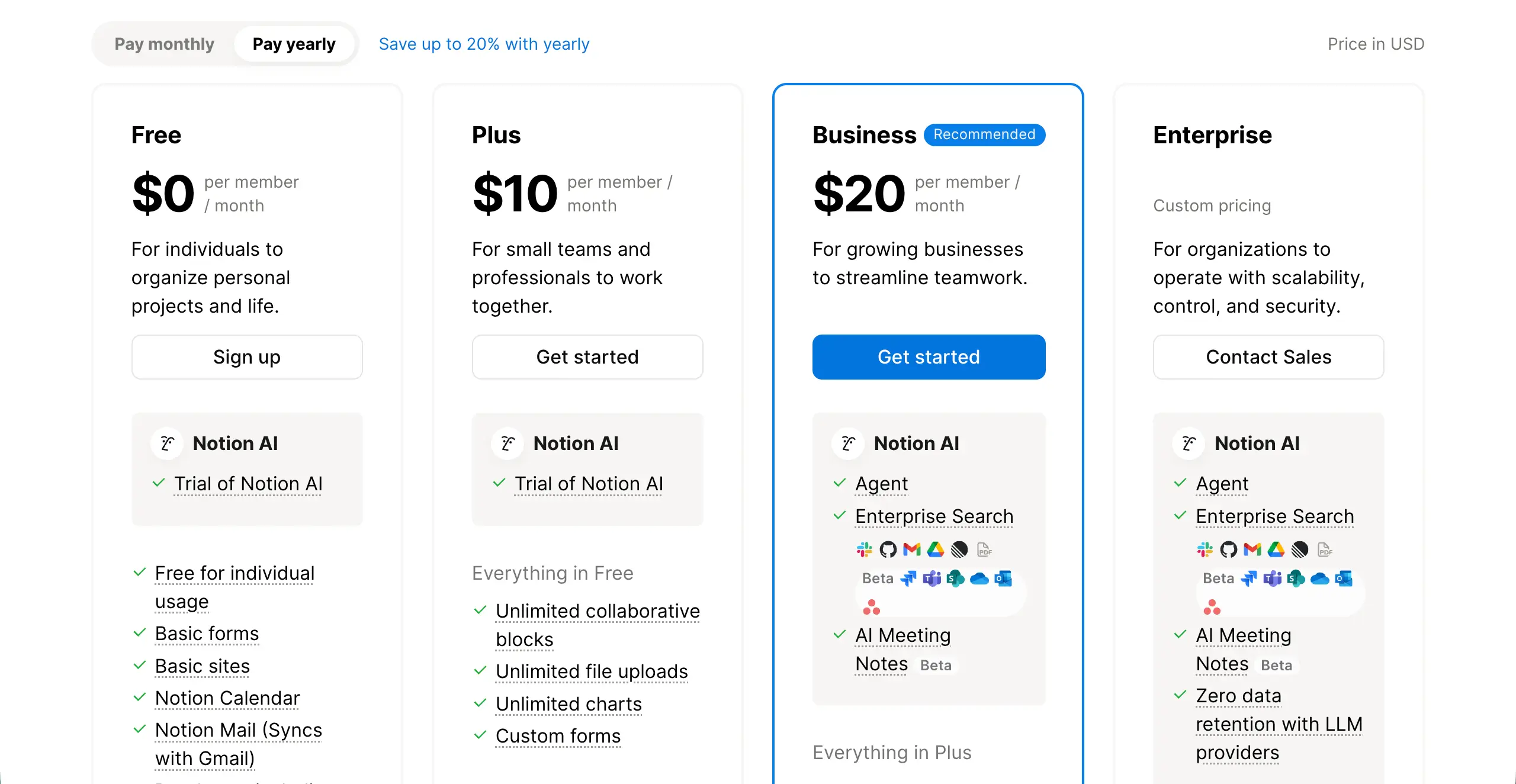 Pricing plan example of Notion