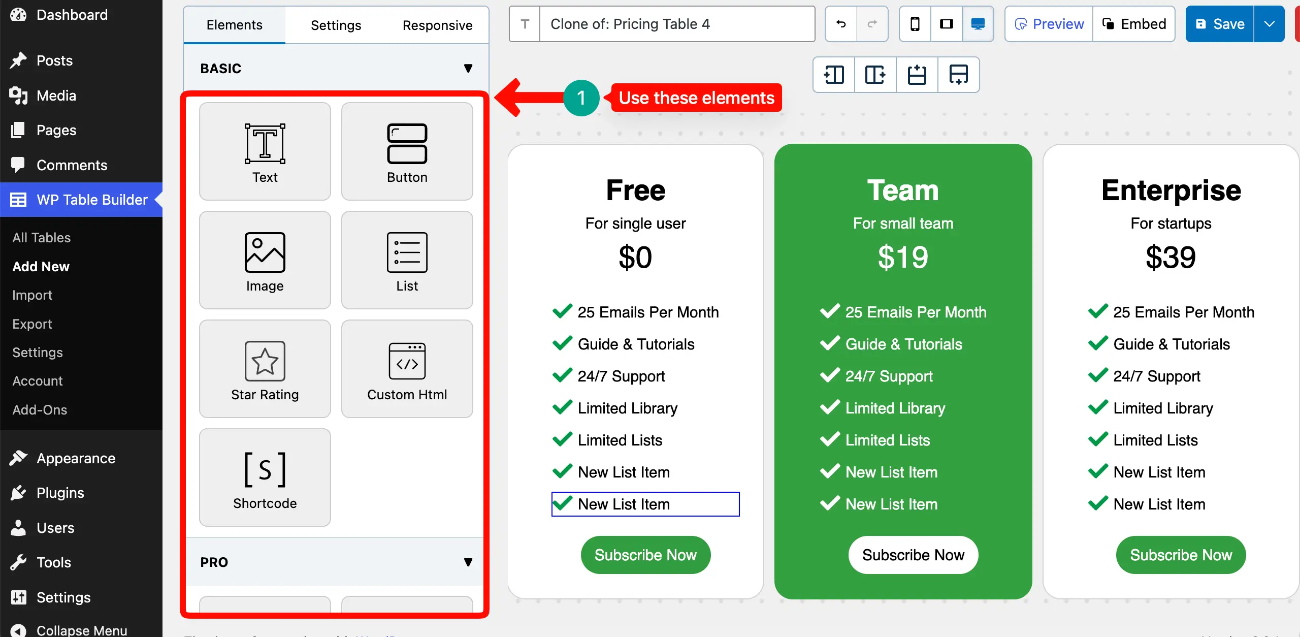 Pricing table is created