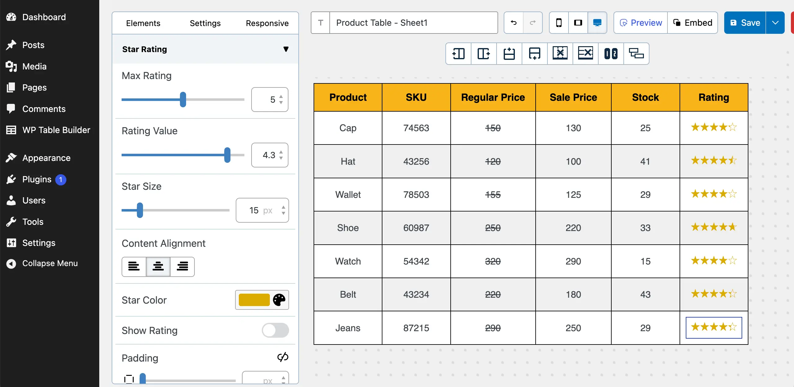 Rating element has been added to all rows