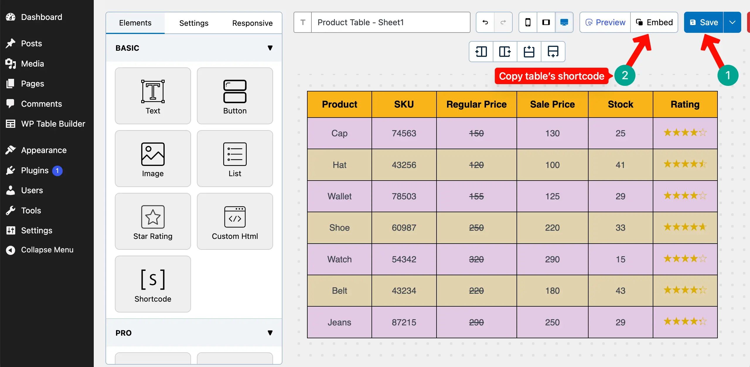 Save and copy the shortcode of the table