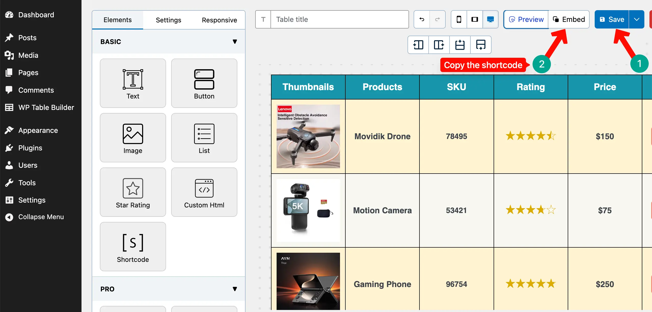 Save and copy the shortcode of the table