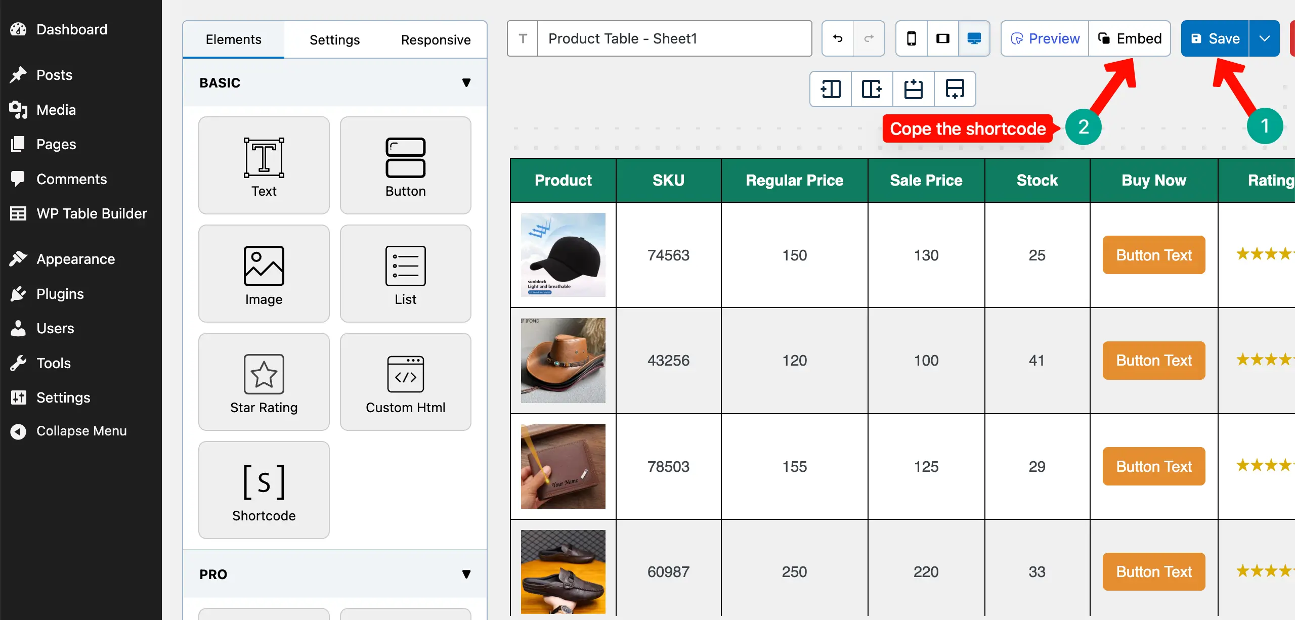 Save and copy the table's shortcode