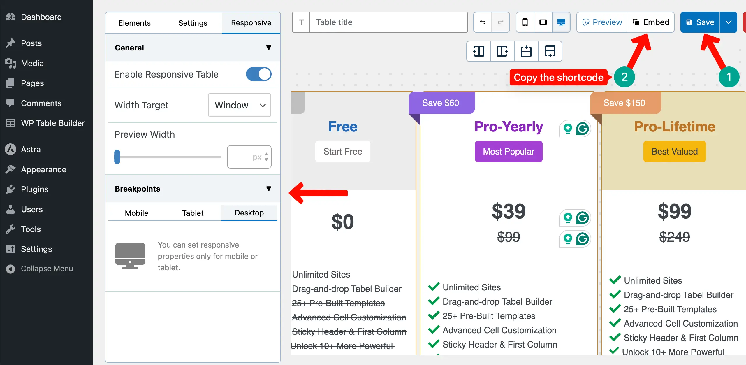 Save and copy the table's shortcode