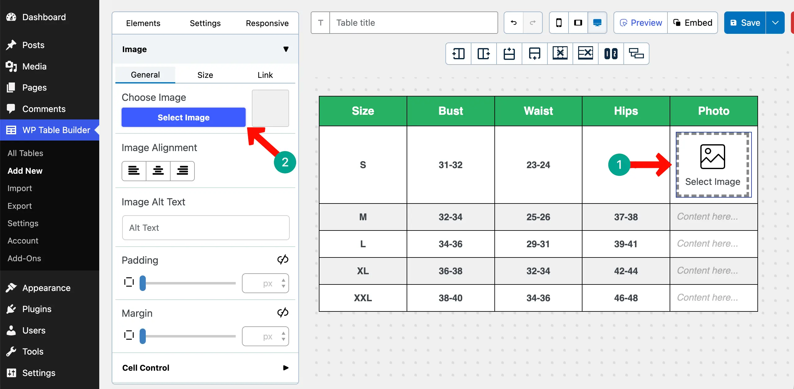 Select image for the size table