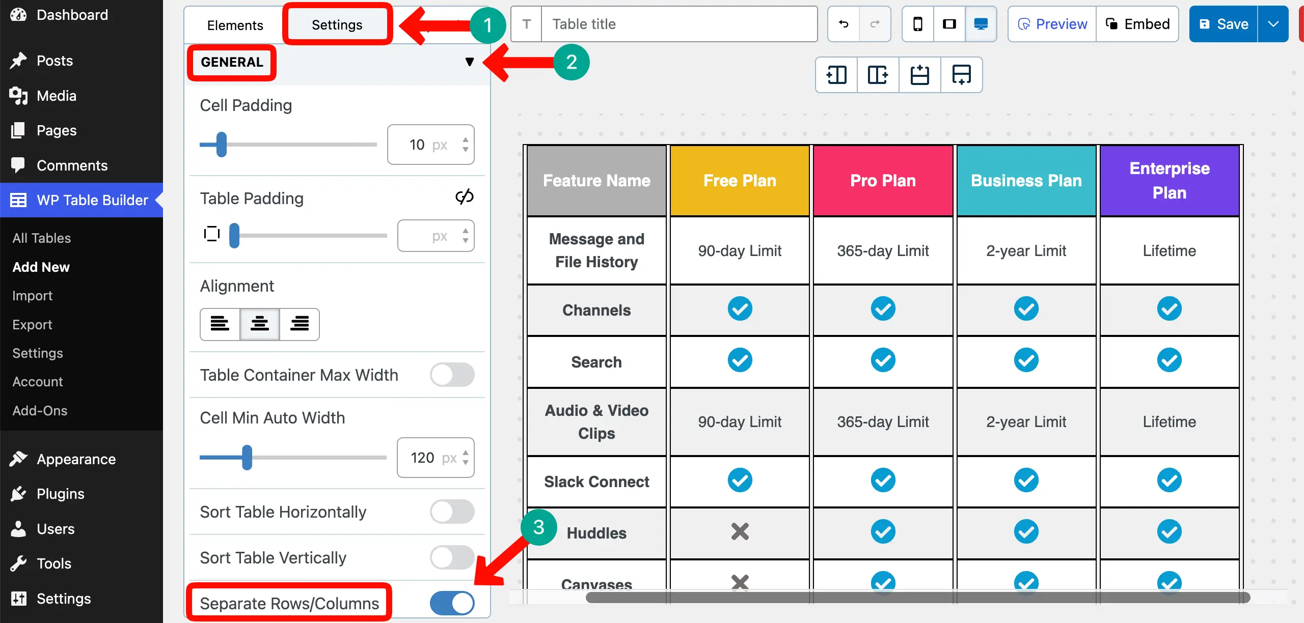Separate rows and columns of the feature comparison table
