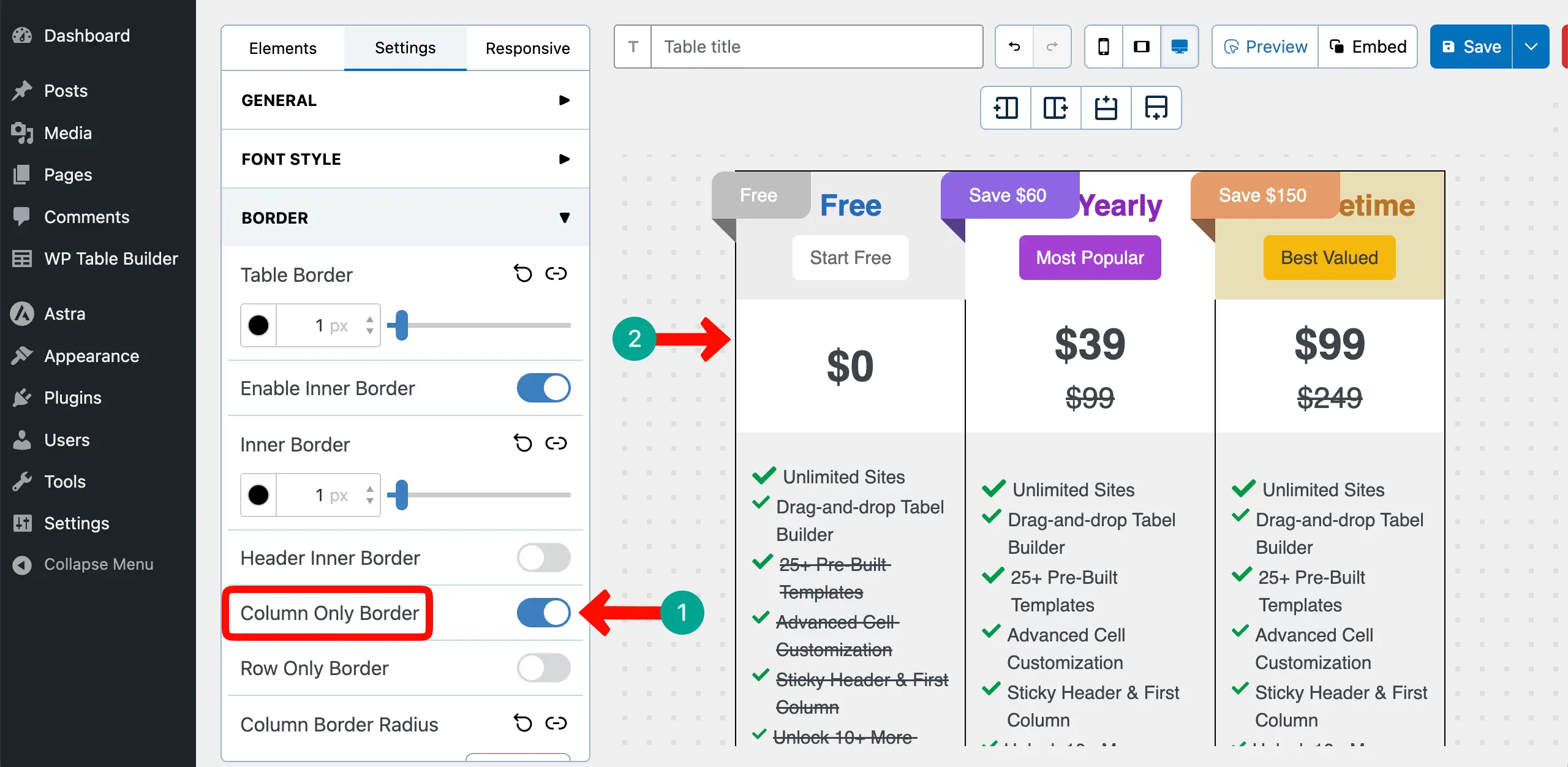 Set column only color for the table