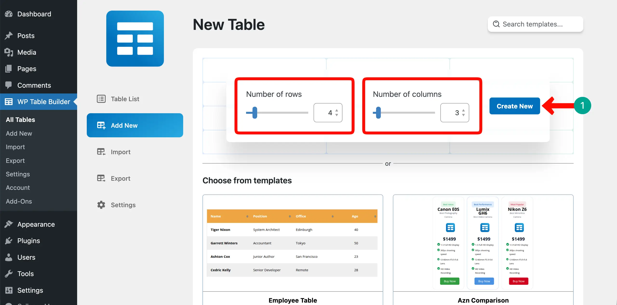 Set rows and columns to create the table from scratch