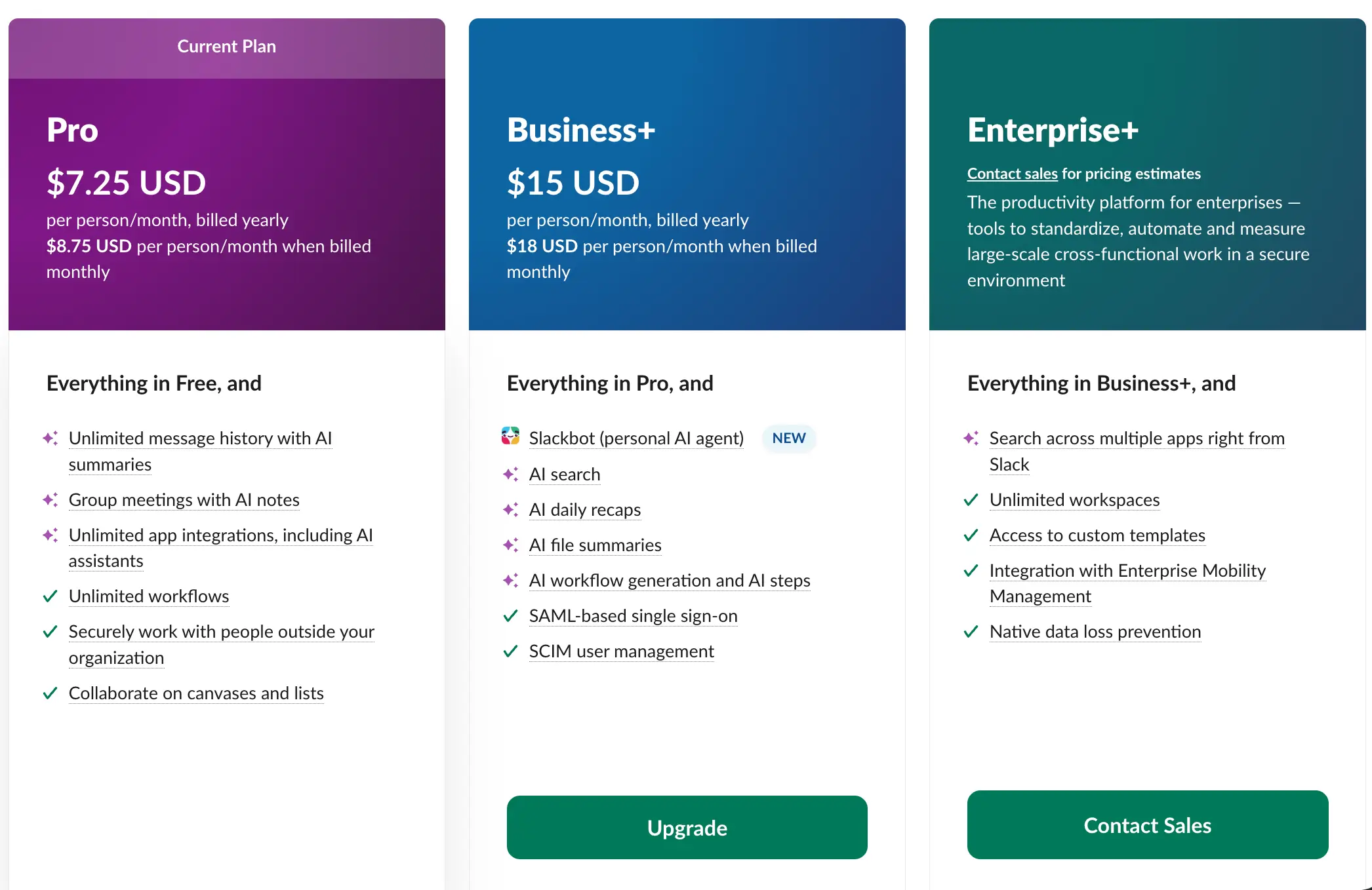 Slack pricing table example