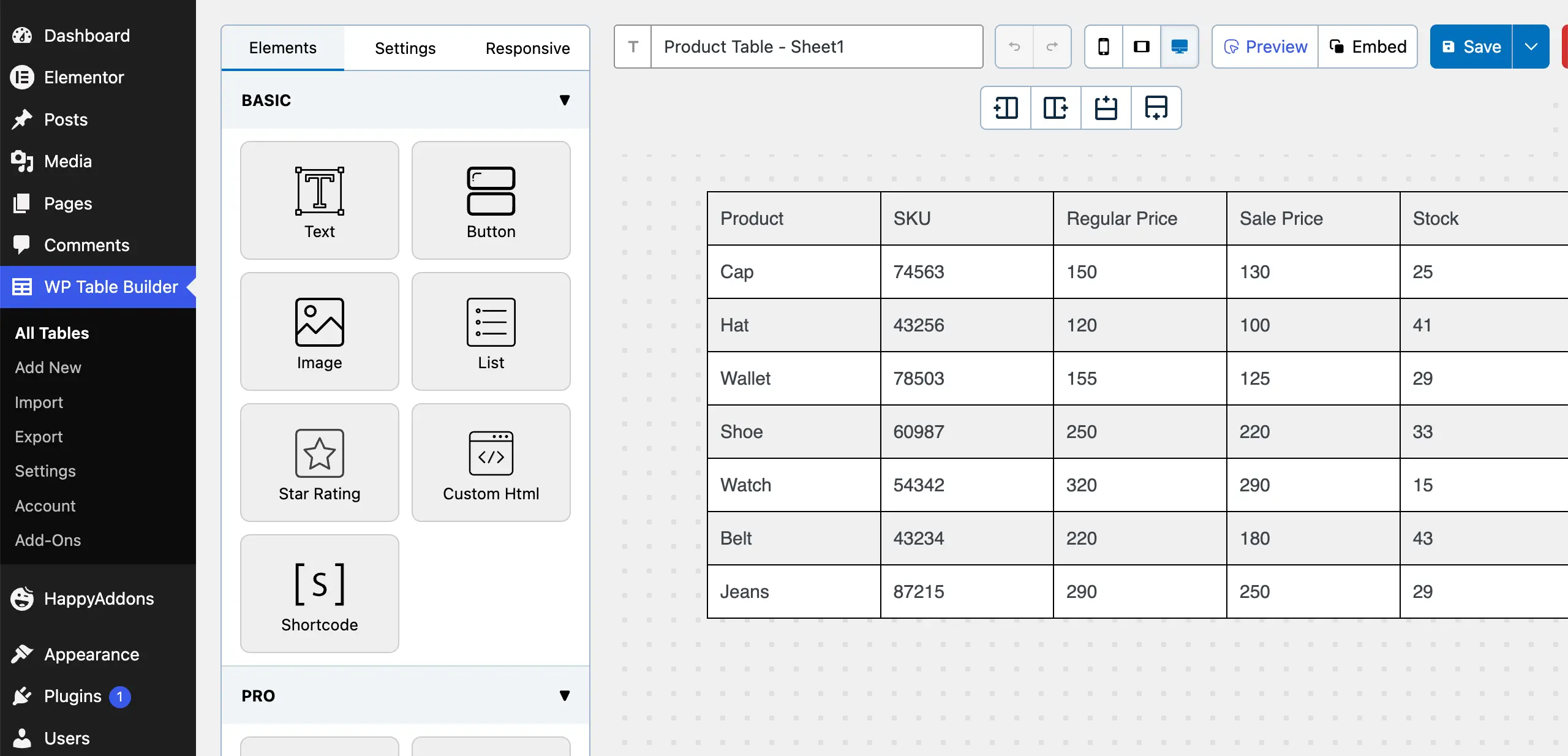 The imported table is previewed