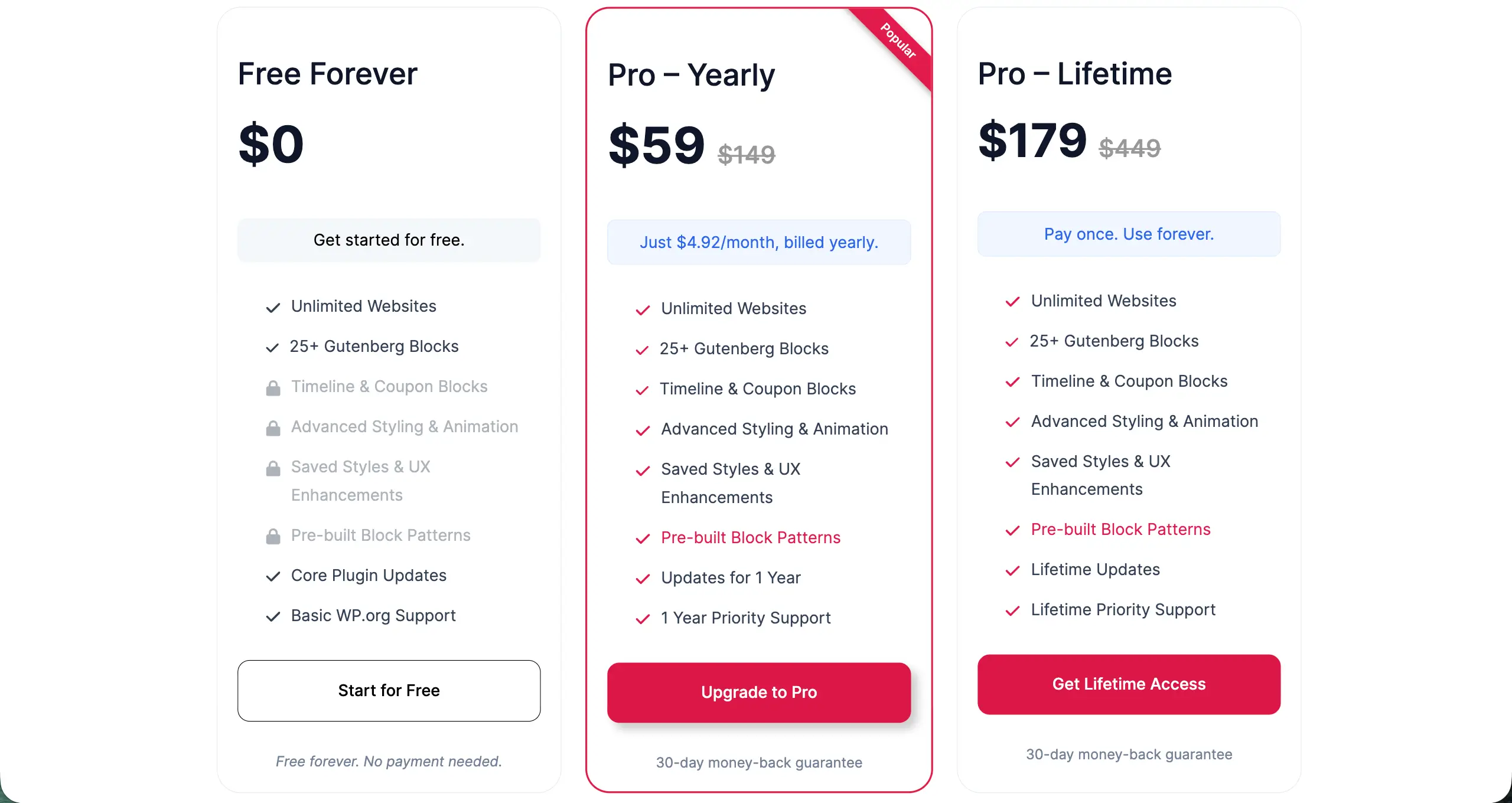 Ultimate Blocks pricing table example