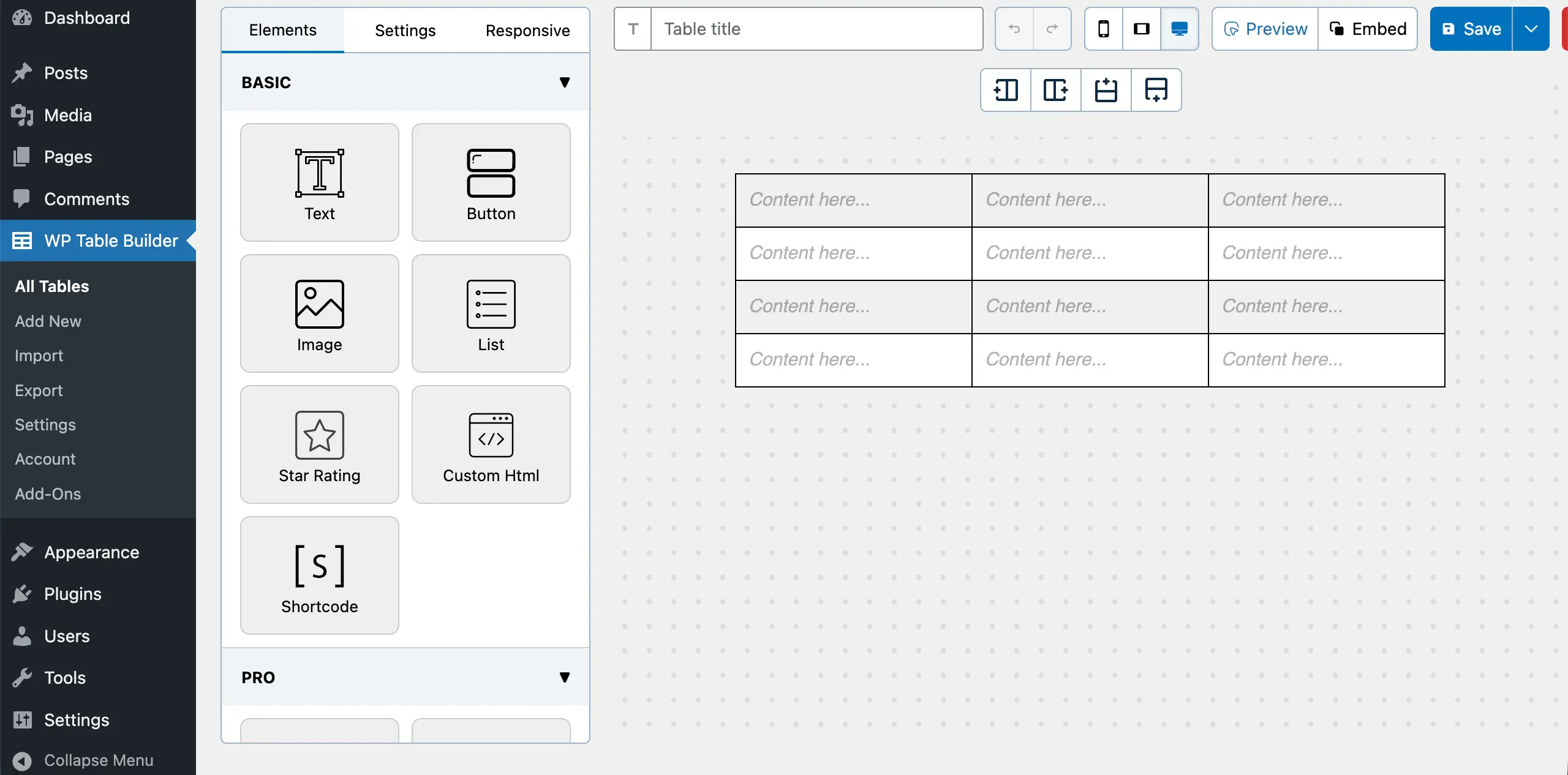 WP Table Builder editor