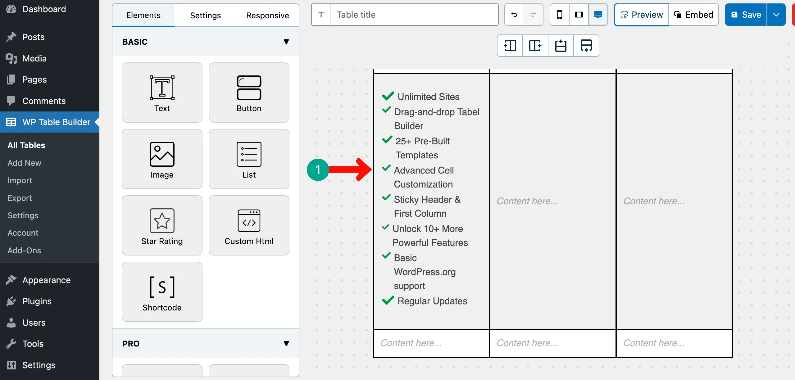Write features on the table