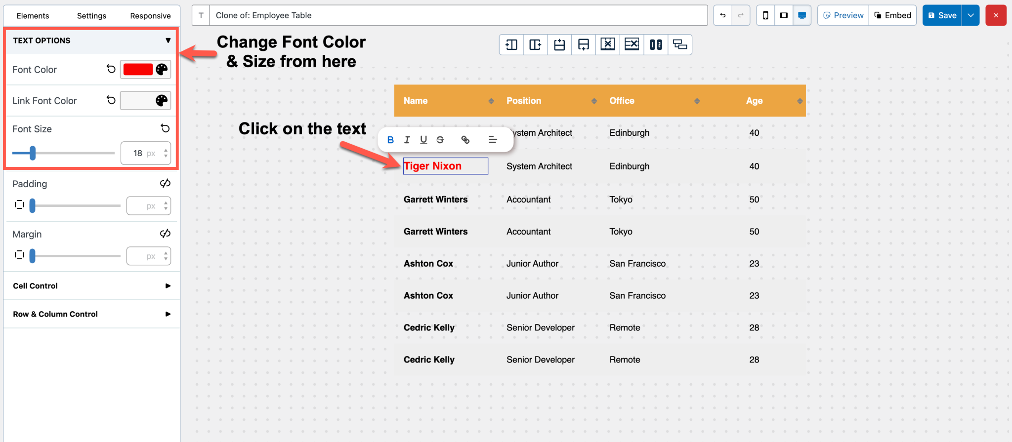 How to Change Font Color and Font Size in WP Table Builder
